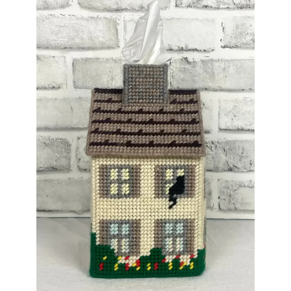 Vintage Needlepoint Tissue Box Cover House Cottage Plastic Canvas Handmade Craft